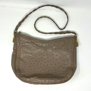 Lorenzi Milano Taupe Ostrich-Embossed Leather Crossbody Bag